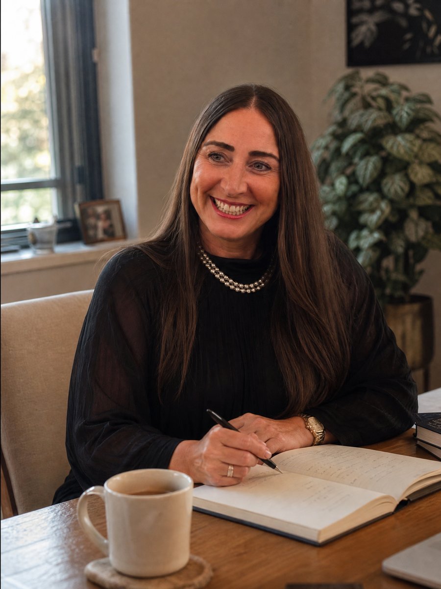 Michelle Louise Crook writing in a notebook at her desk, smiling